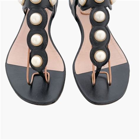 Gucci Willow Pearl Embellished Sandals EU 37 US 7 Black GG 